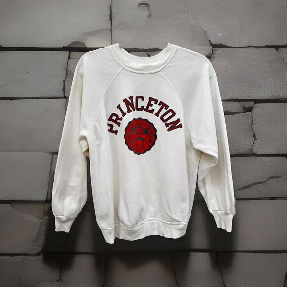 Vtg Princeton University Raglan Sweatshirt White Cotton Crewneck 80s Medium - Picture 1 of 7